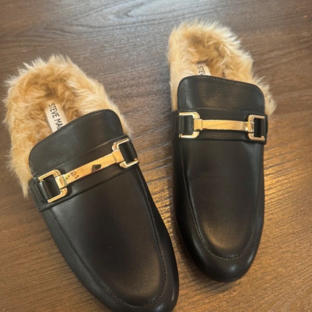 Steve Madden Black Mules with Gold Accents